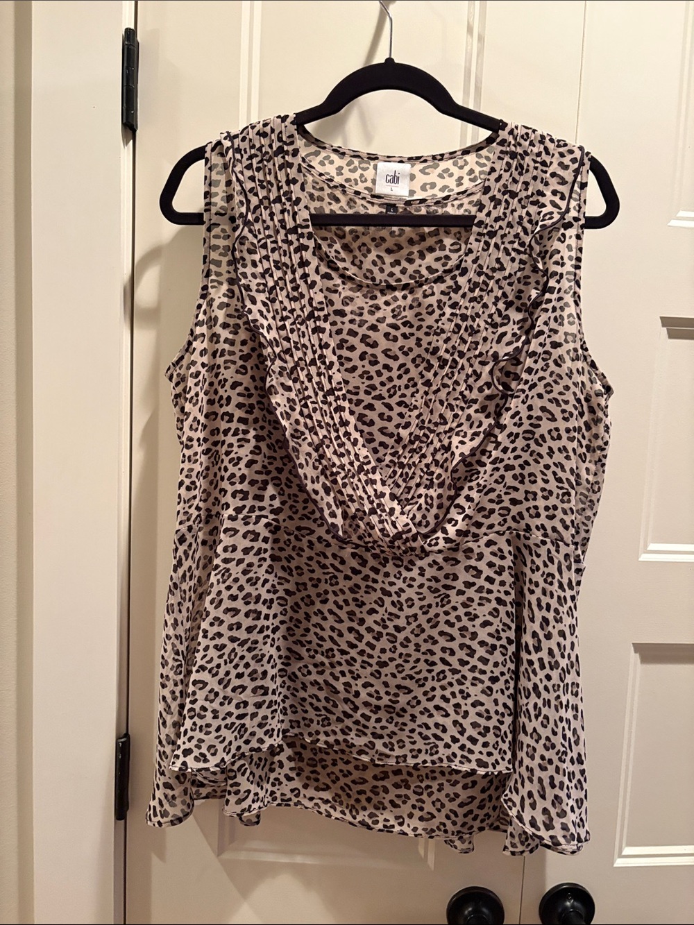 CAbi Beige and Black Leopard Print Sleeveless Drape Neck Top